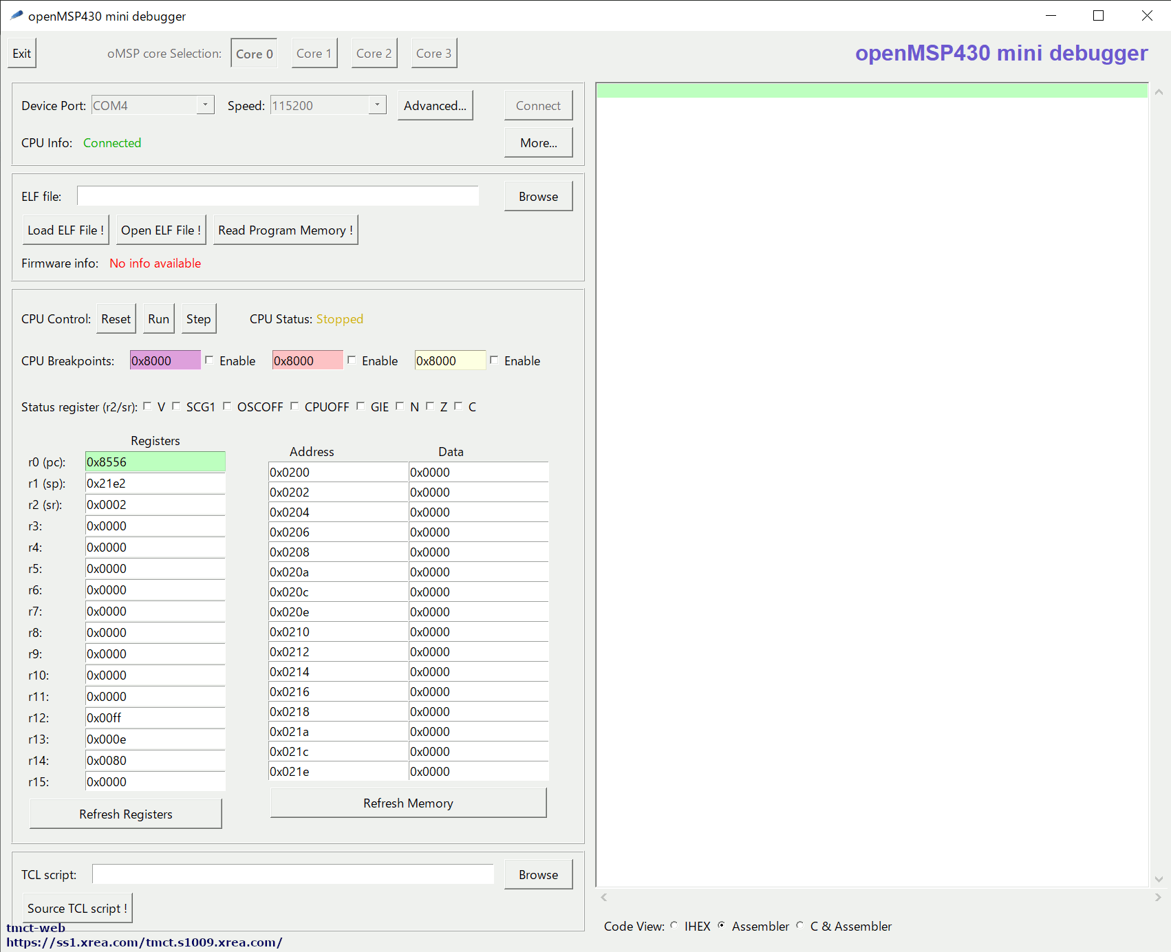 openMSP430 miniDebugger: Connection Successful